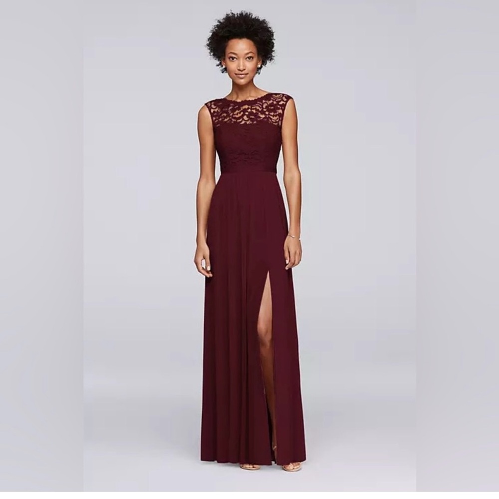 Davids Bridal Lace Dress with Long Mesh Skirt - 14 - Wine STYLE# F19328NWT